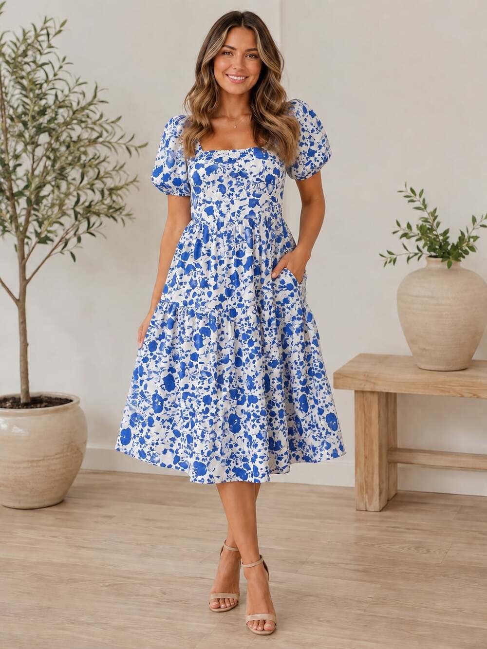 Brass & Roe by CTS Blue White Floral Midi Dress Puff Sleeve Tiered Small